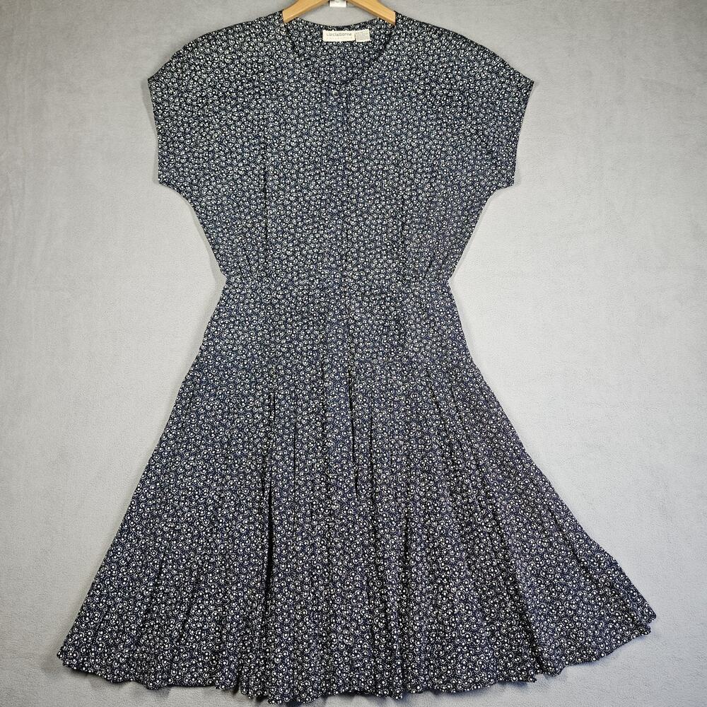 Vtg Liz Claiborne Dress Size 10 Blue Midi Stars Cottage Celestial Modest Pockets